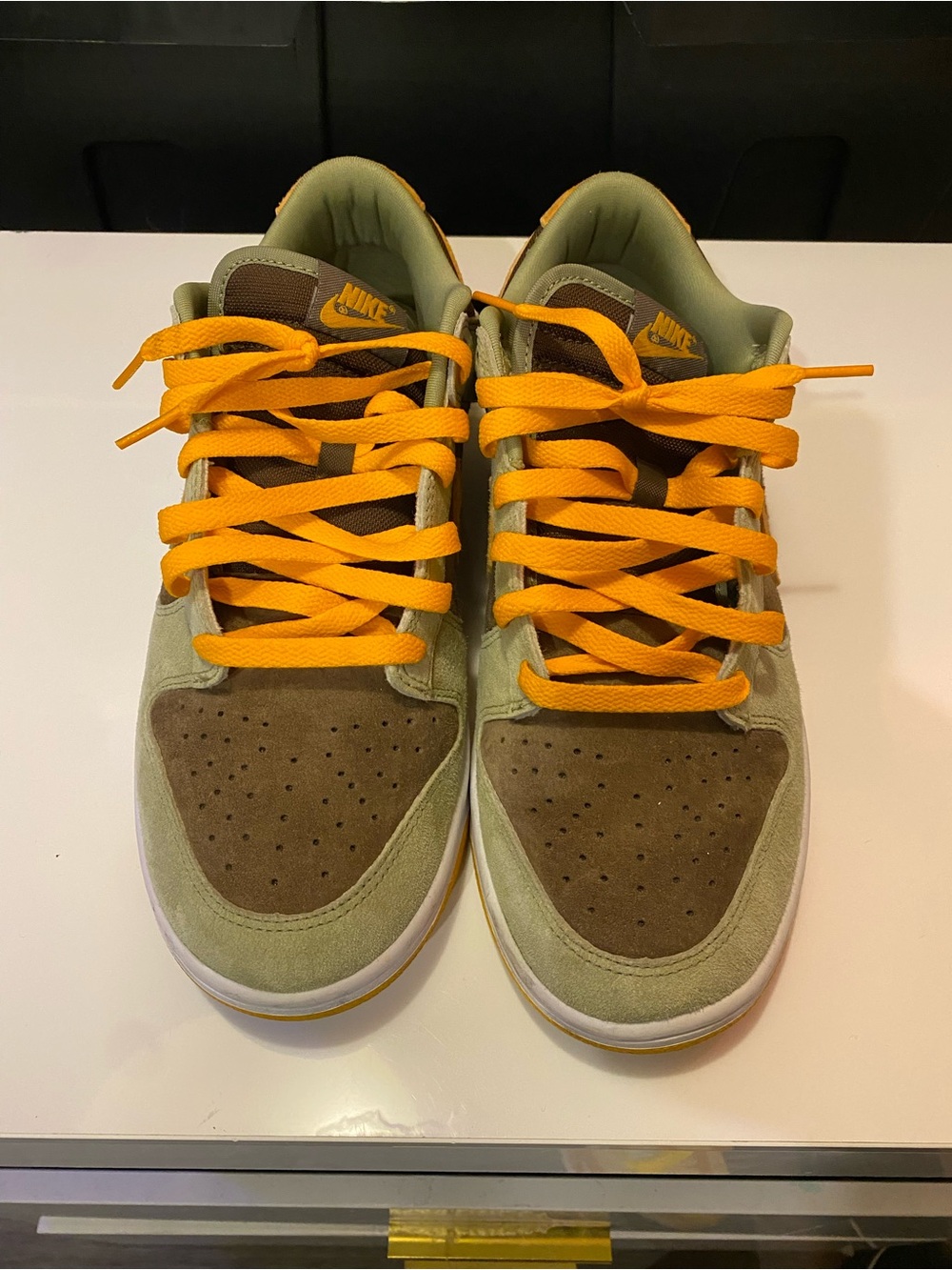 Nike Men’s Olive and Brown Low-Top Sneakers with Orange Laces